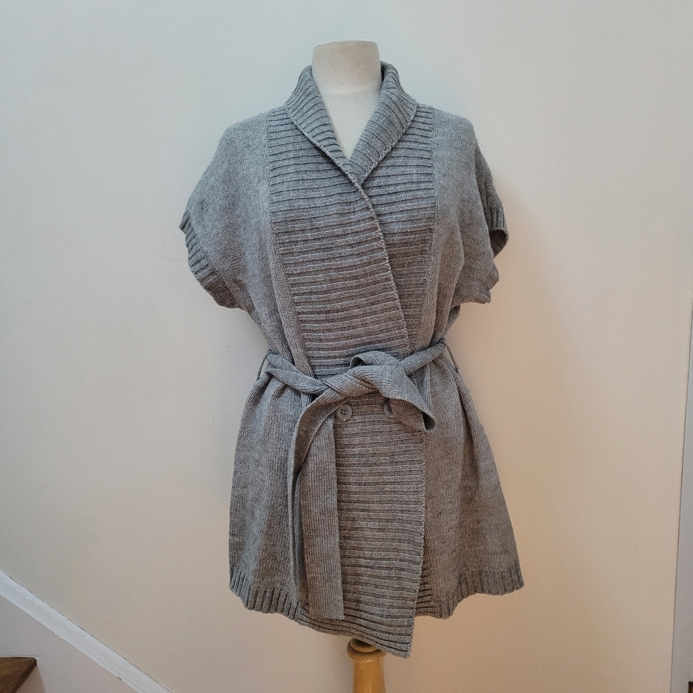 NICOLE MILLER Gray Knit Belted Cap Sleeves Cardigan Wool Blend Large